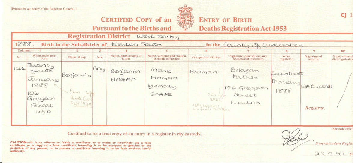 1888 Ben birth certificate